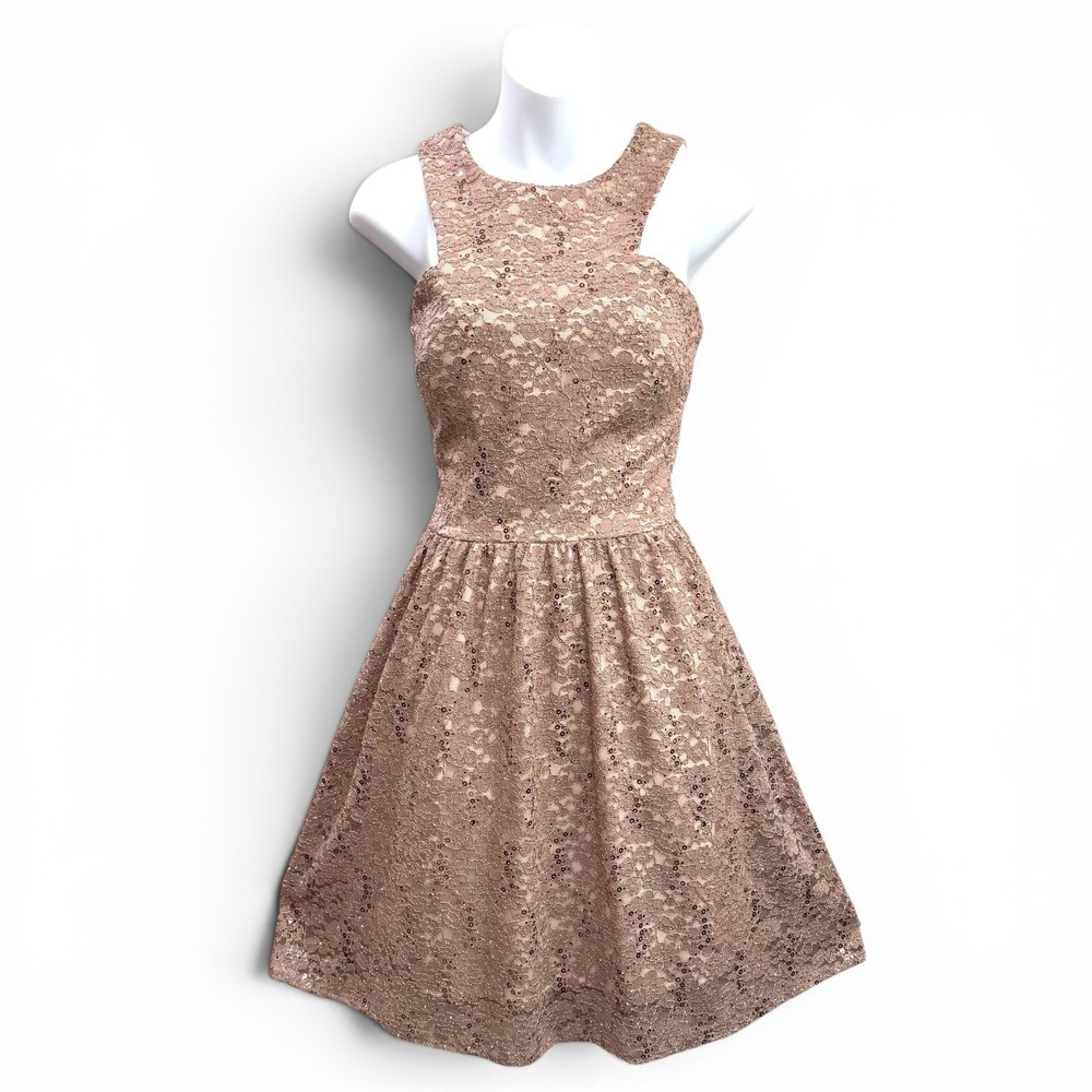 Vtg Y2K Morgan & Co Prom Dress 10 Whimsical  Mesh Lace‎ Glitter Sequin Rose Gold